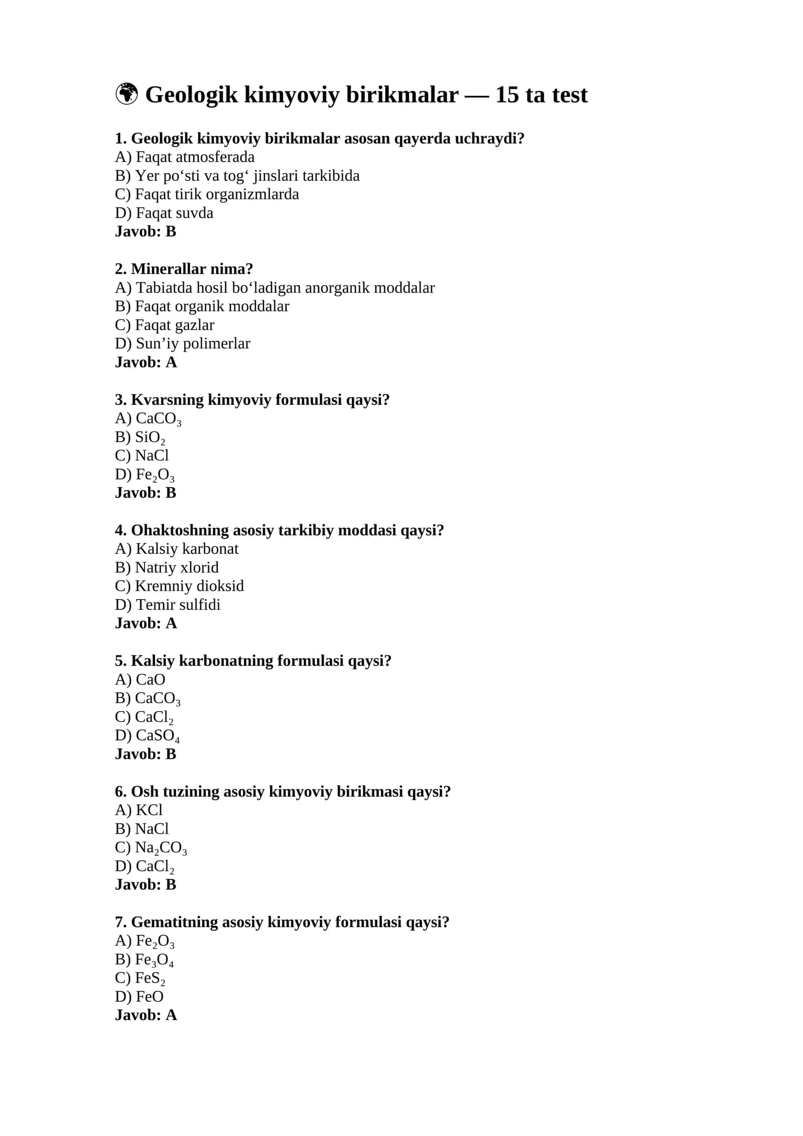Geologik kimyoviy birikmalar — 15 ta test
