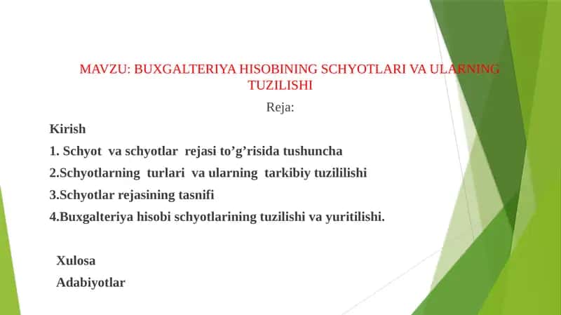 BUXGALTERIYA HISOBINING SCHYOTLARI VA ULARNING TUZILISHI