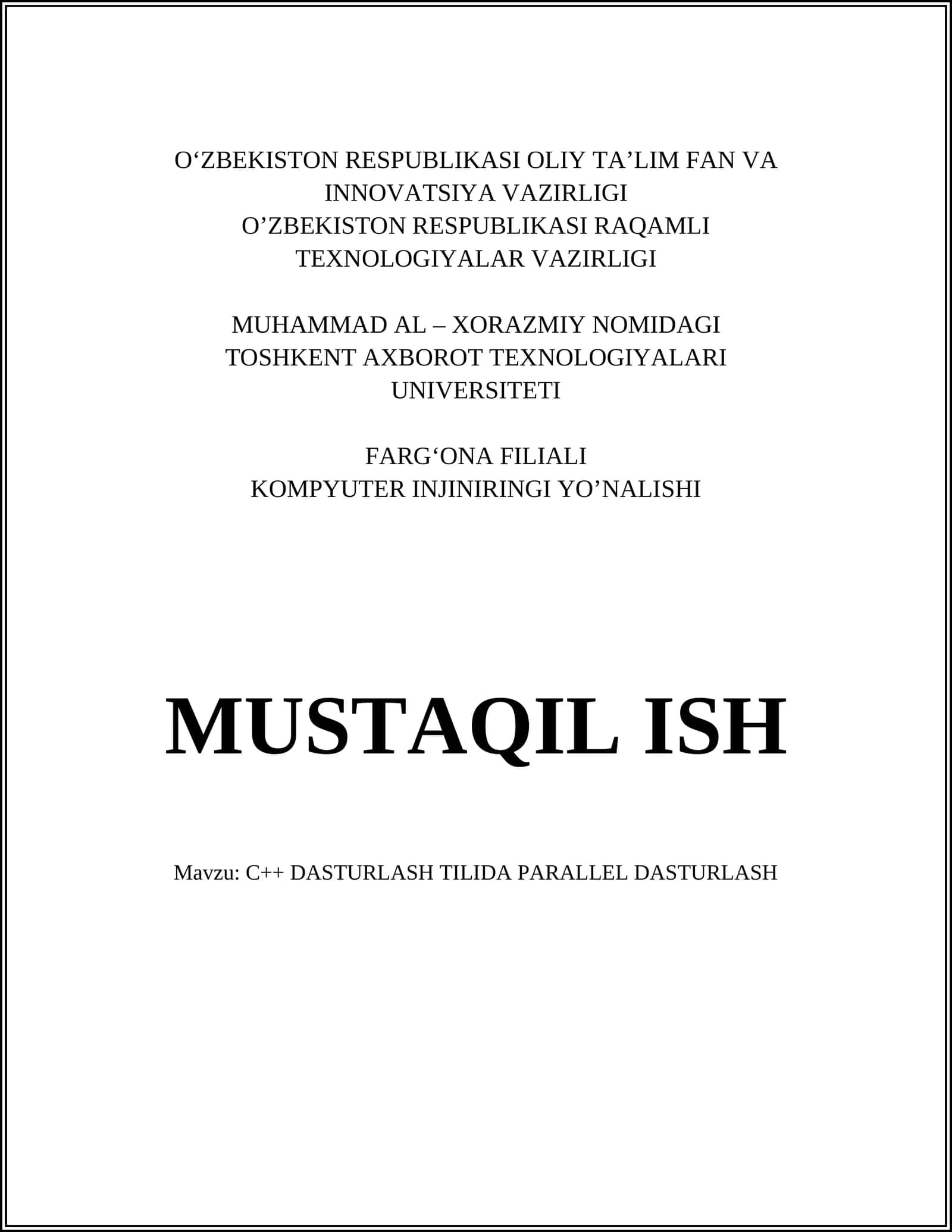 C++ DASTURLASH TILIDA PARALLEL DASTURLASH