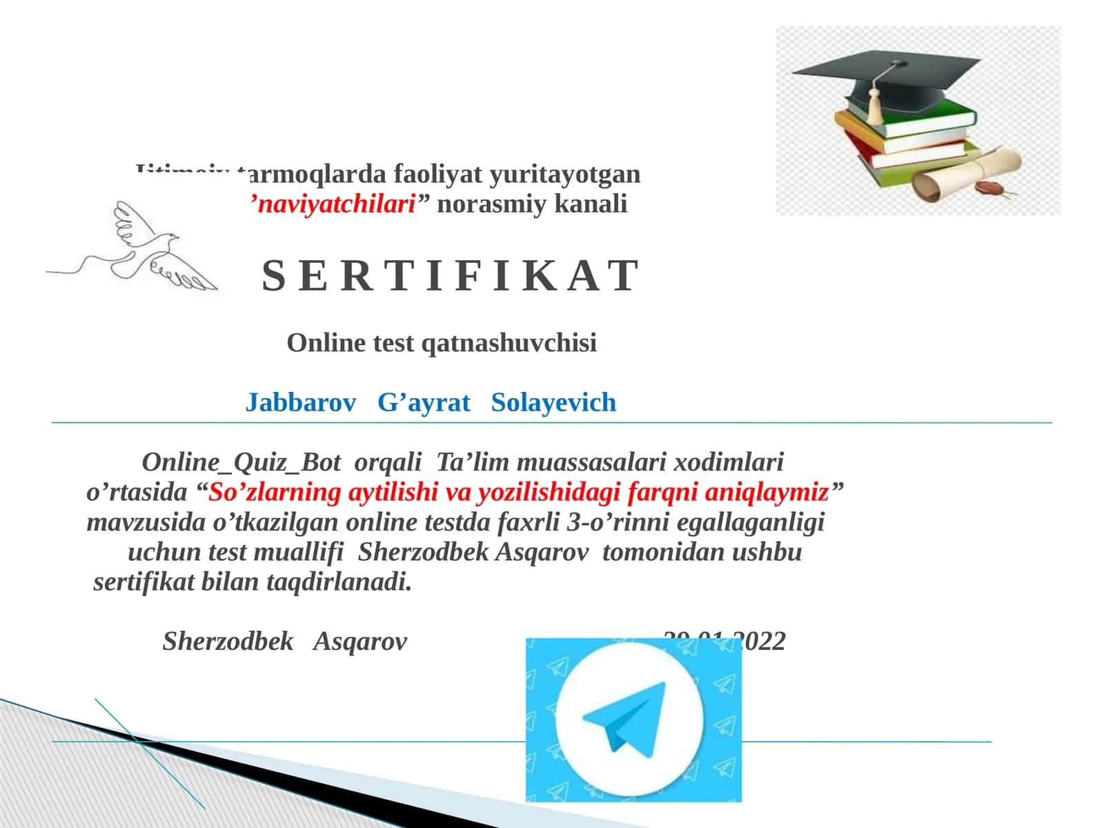"So’zlarning aytilishi va yozilishidagi farqni aniqlaymiz" mavzusida o'tkazilgan onlinetest