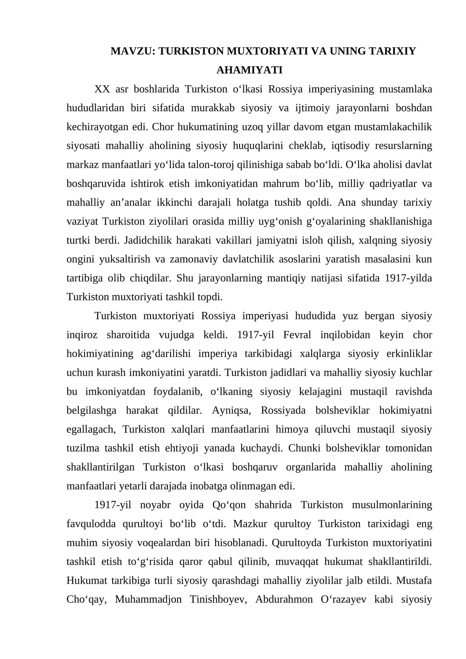 TURKISTON MUXTORIYATI VA UNING TARIXIY AHAMIYATI.