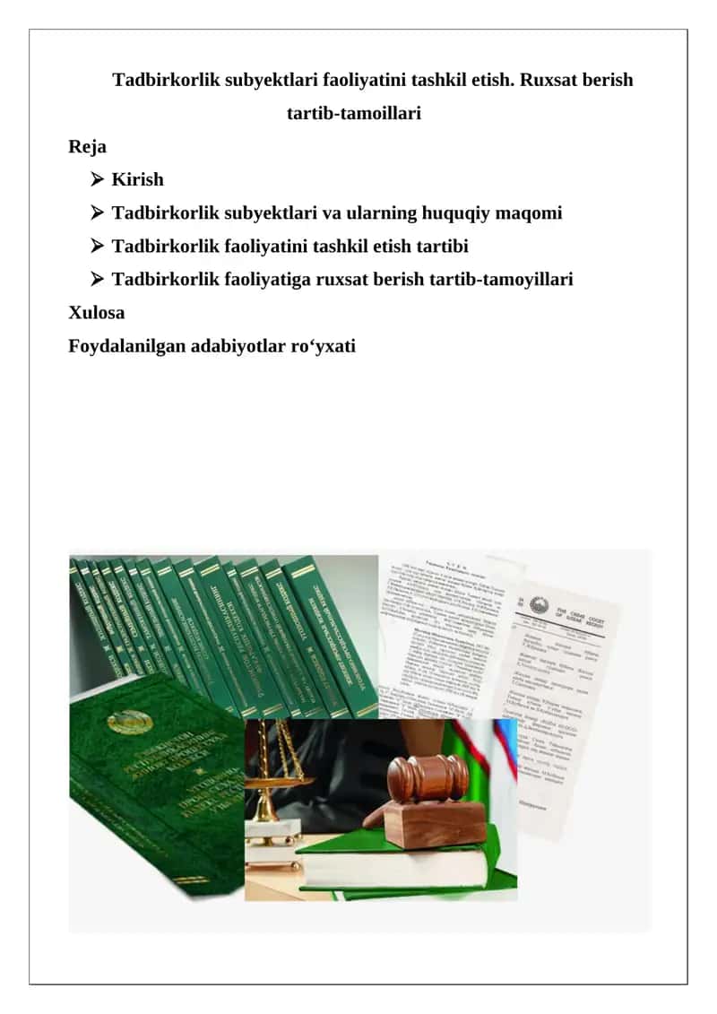 Tadbirkorlik subyektlari faoliyatini tashkil etish. Ruxsat berish tartib-tamoillari 1