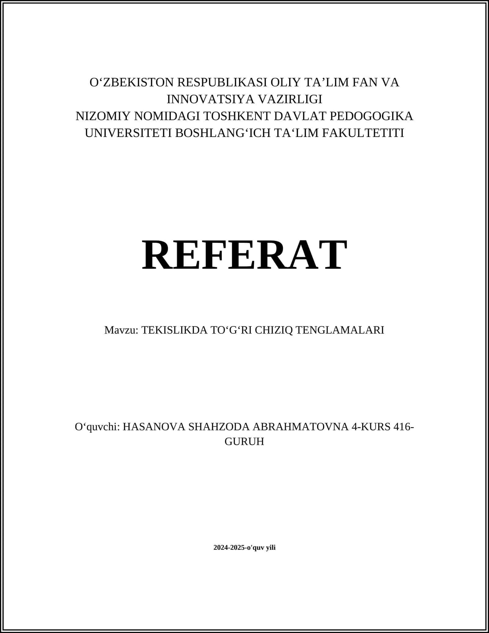TEKISLIKDA TO‘G‘RI CHIZIQ TENGLAMALARI