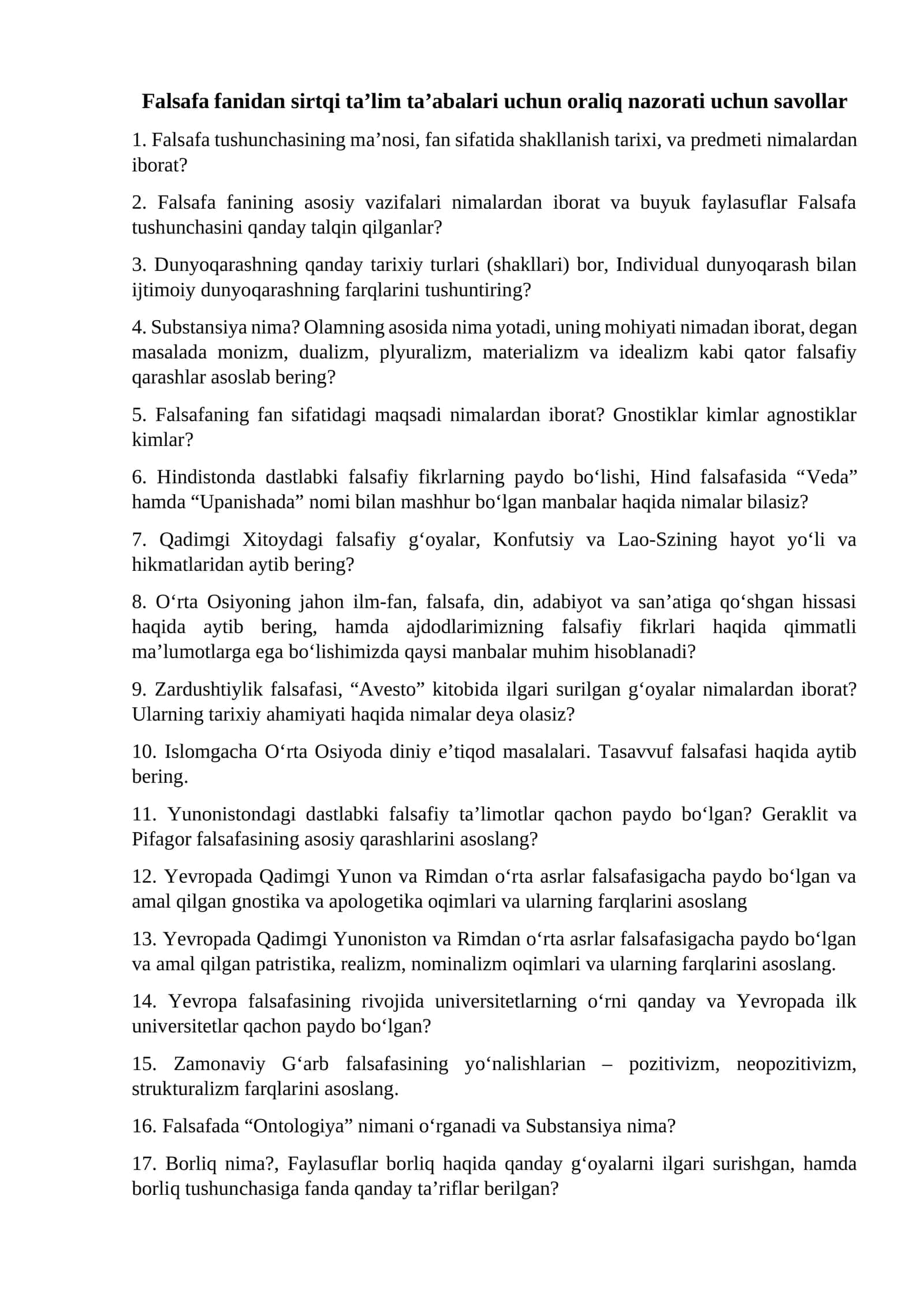 Falsafa fanidan sirtqi ta’lim ta’abalari uchun oraliq nazorati uchun savollar