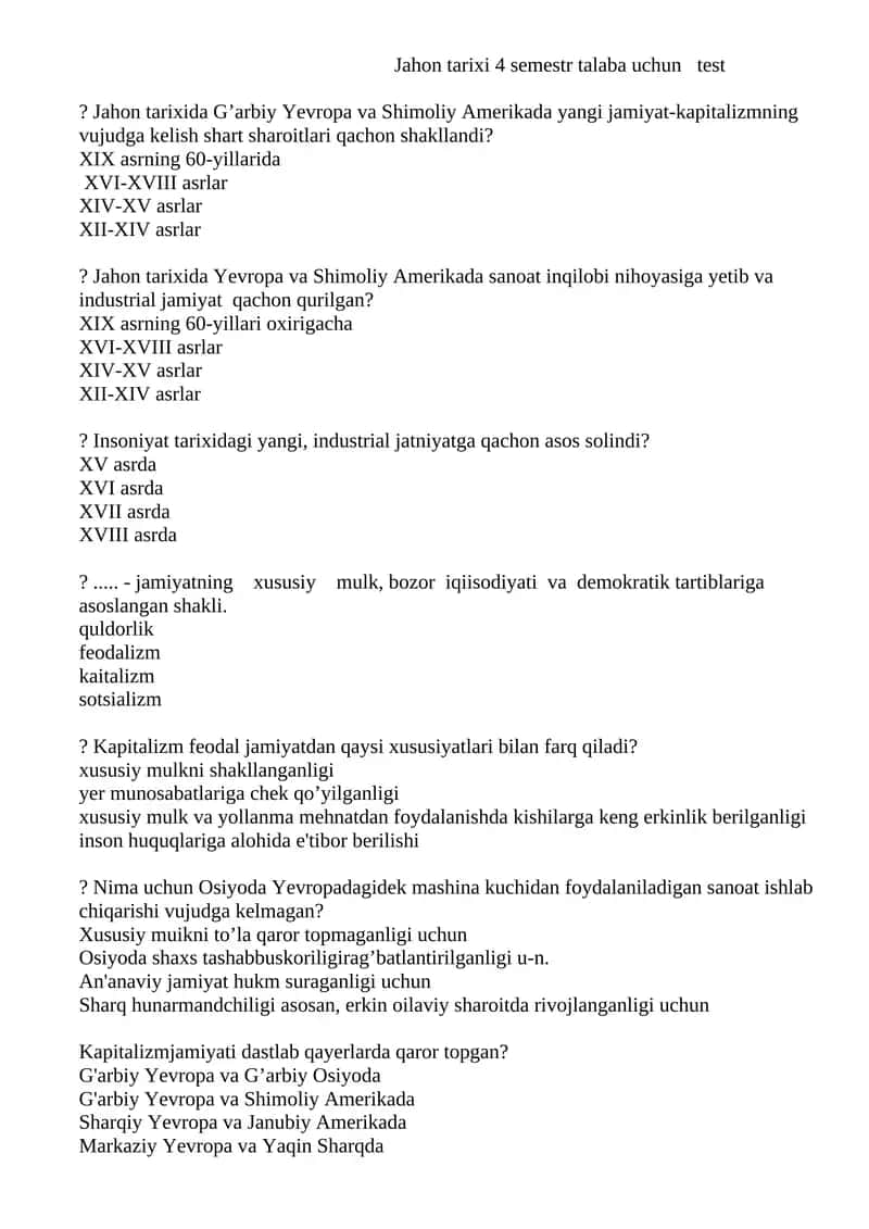 Jahon tarixi test savollari