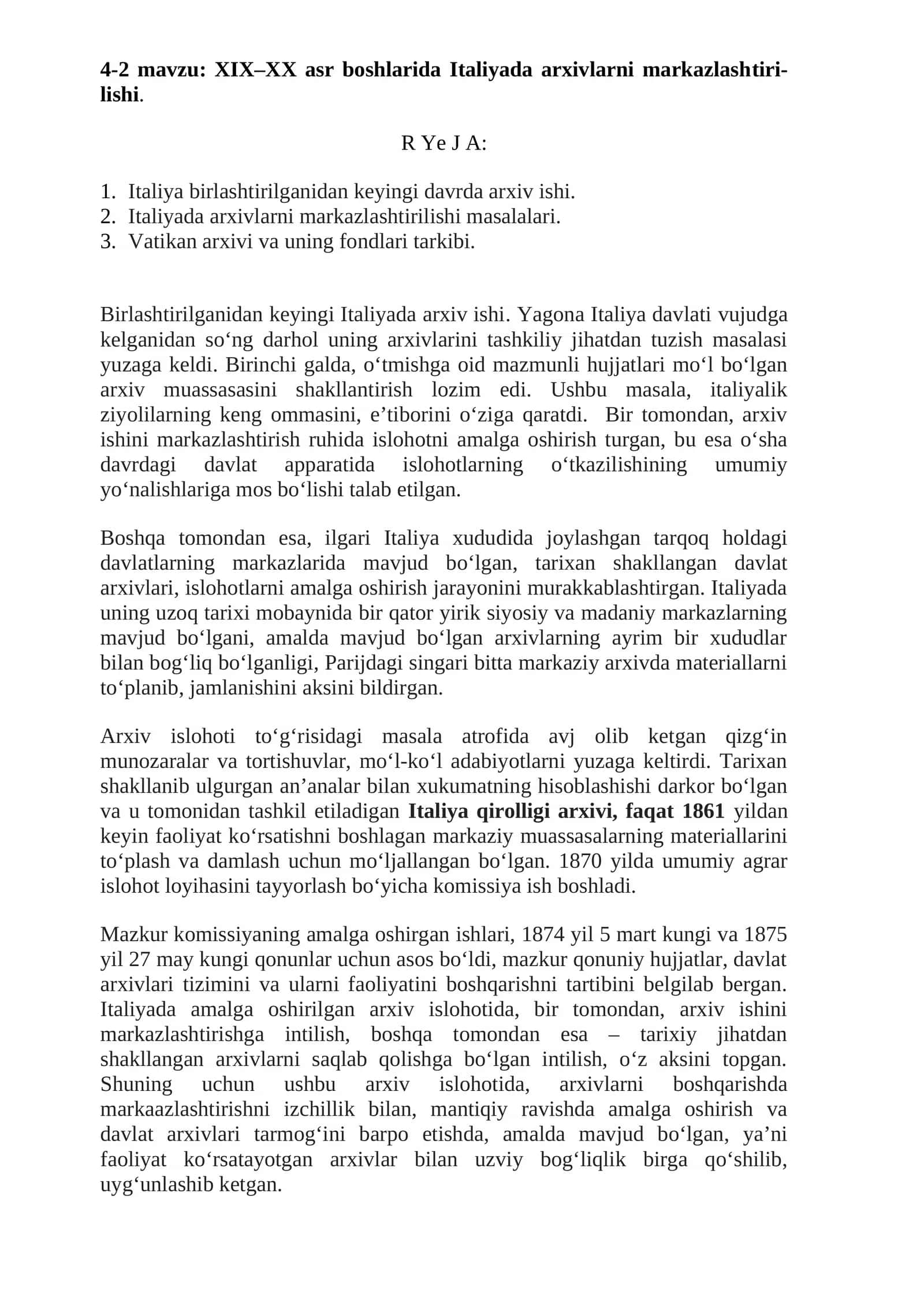 XIX–XX asr boshlarida Italiyada arxivlarni markazlashtirilishi