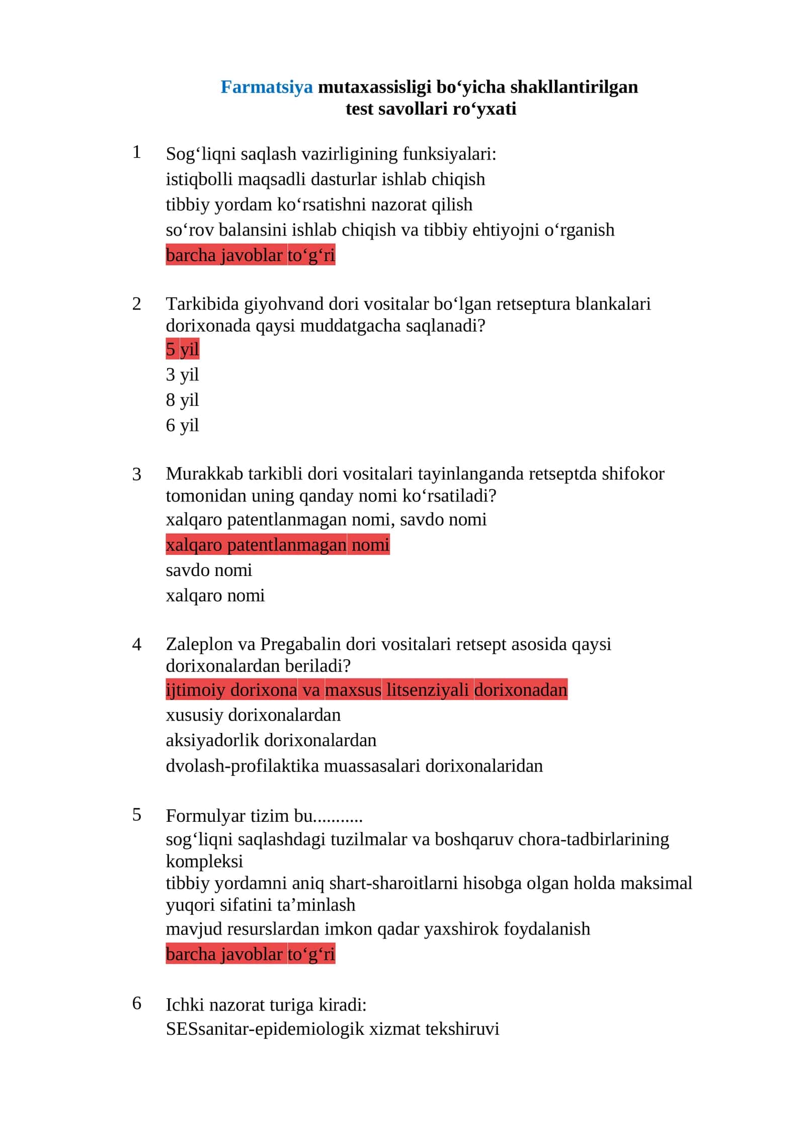 Argos test savollari javoblari bilan tibbiyot Farmatsiya