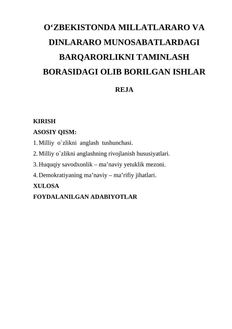 O‘zbekistonda Millatlararo va Dinlararo Munosabatlardagi Barqarorlikni Taminlash Borasidagi Olib Borilgan Ishlar