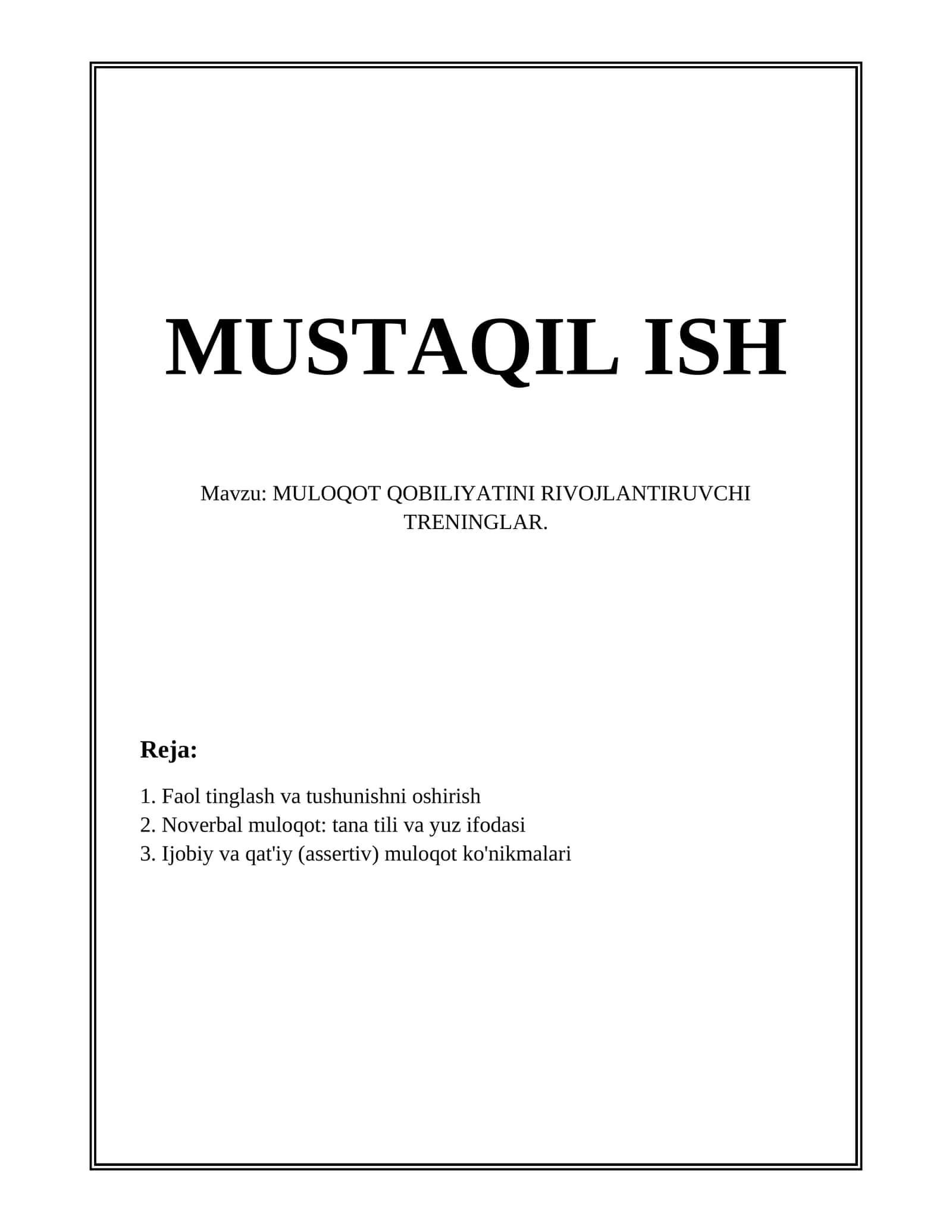 MULOQOT QOBILIYATINI RIVOJLANTIRUVCHI TRENINGLAR