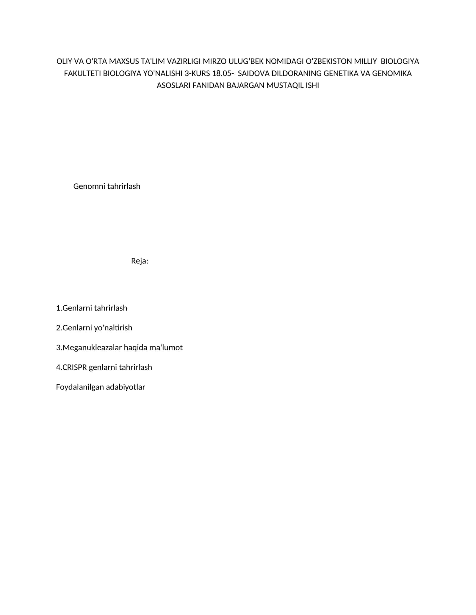 Saodova Dildora - Genetika va genomika asoslari fanidan mustaqil ishi
