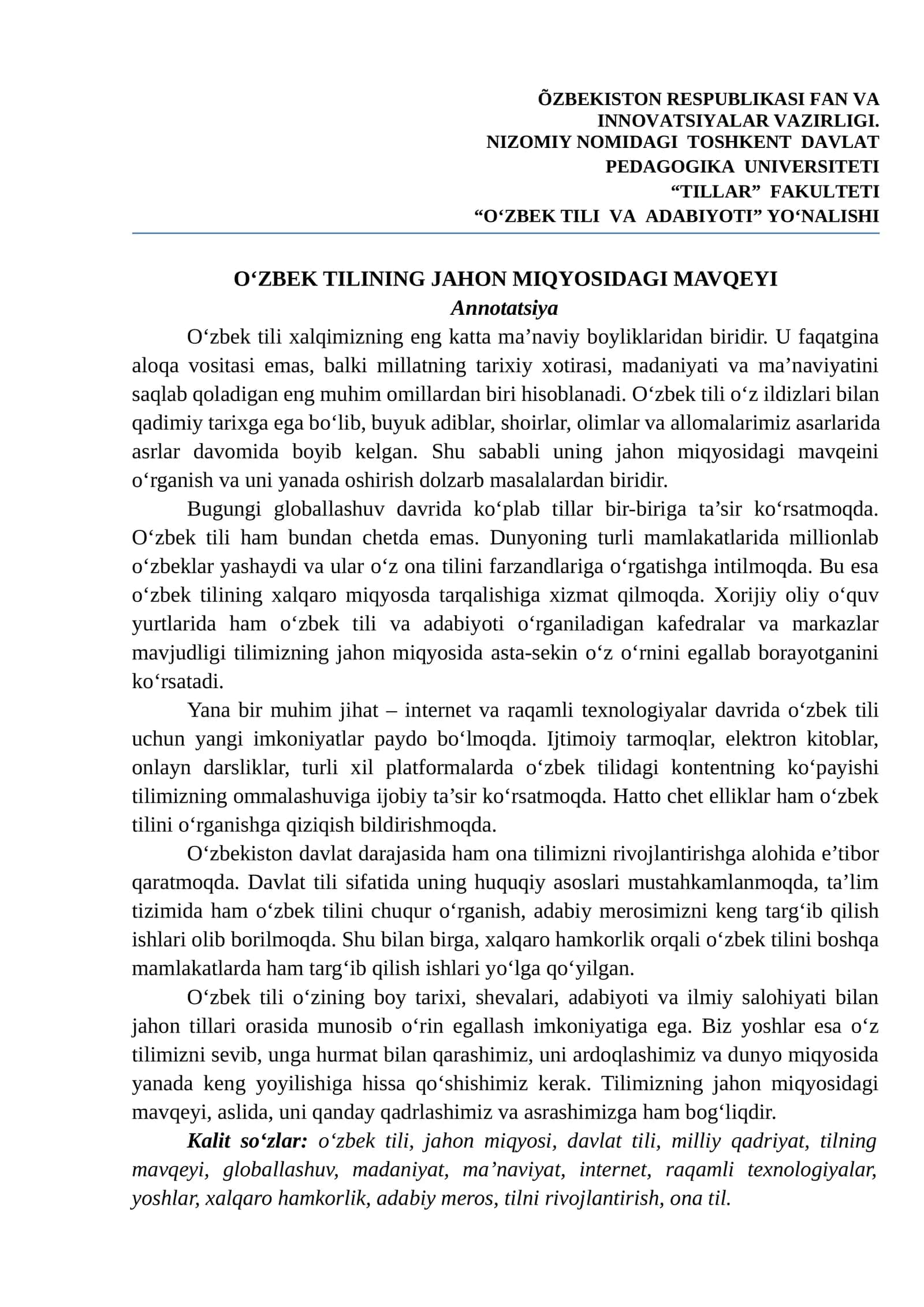 O‘ZBEK TILINING JAHON MIQYOSIDAGI MAVQEYI maqola