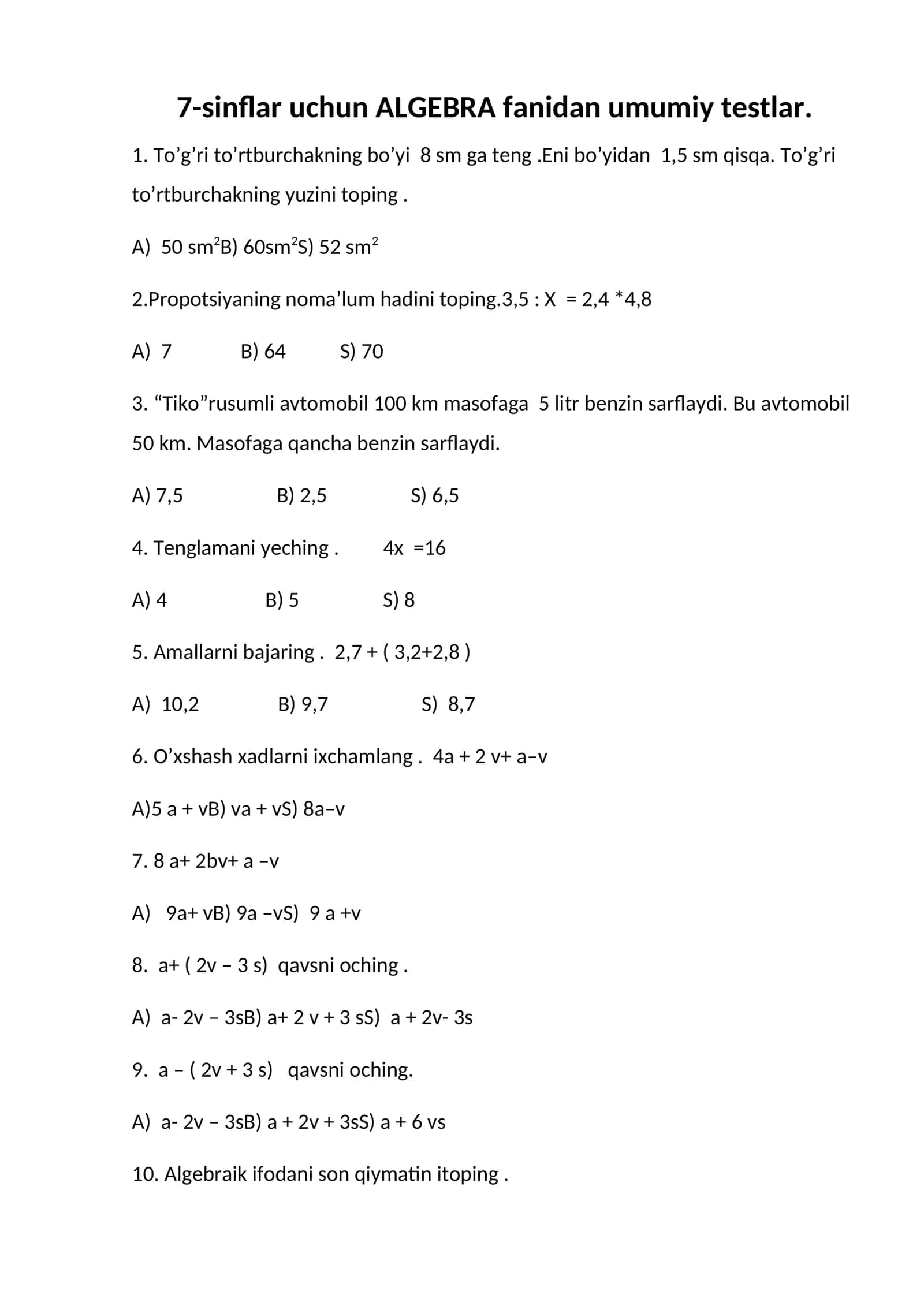 7-sinflar uchun ALGEBRA fanidan umumiy testlar