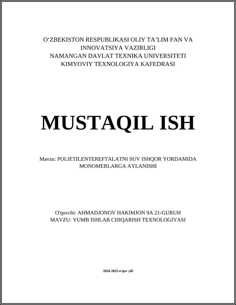 POLIETILENTEREFTALATNI SUV ISHQOR YORDAMIDA MONOMERLARGA AYLANISHI