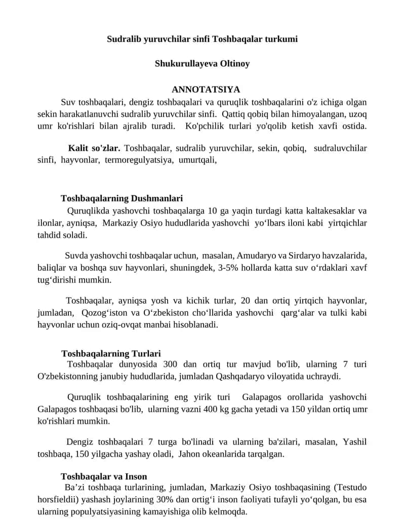 Sudralib yuruvchilar sinfi Toshbaqalar turkumi