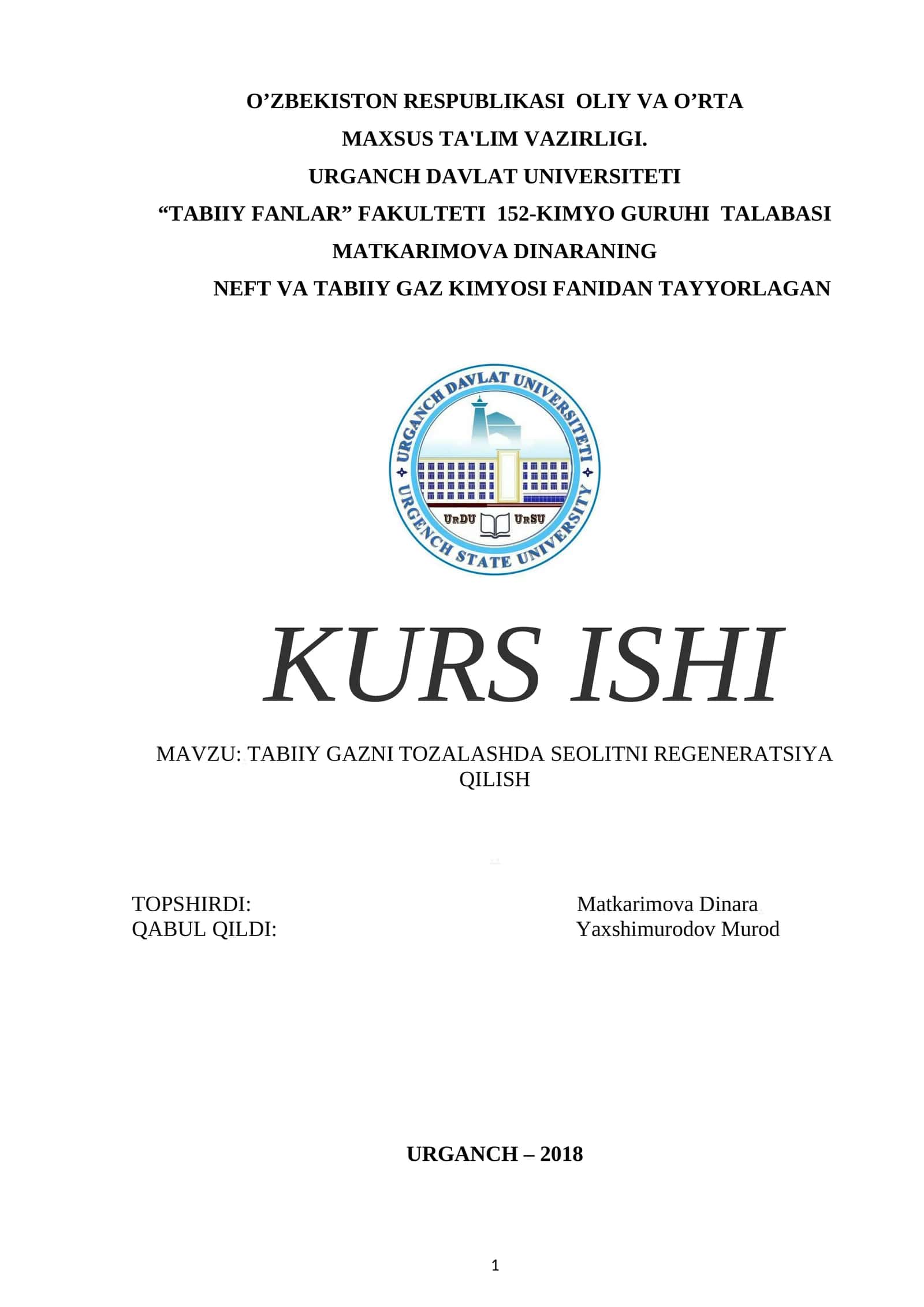 TABIIY GAZNI TOZALASHDA SEOLITNI REGENERATSIYA QILISH