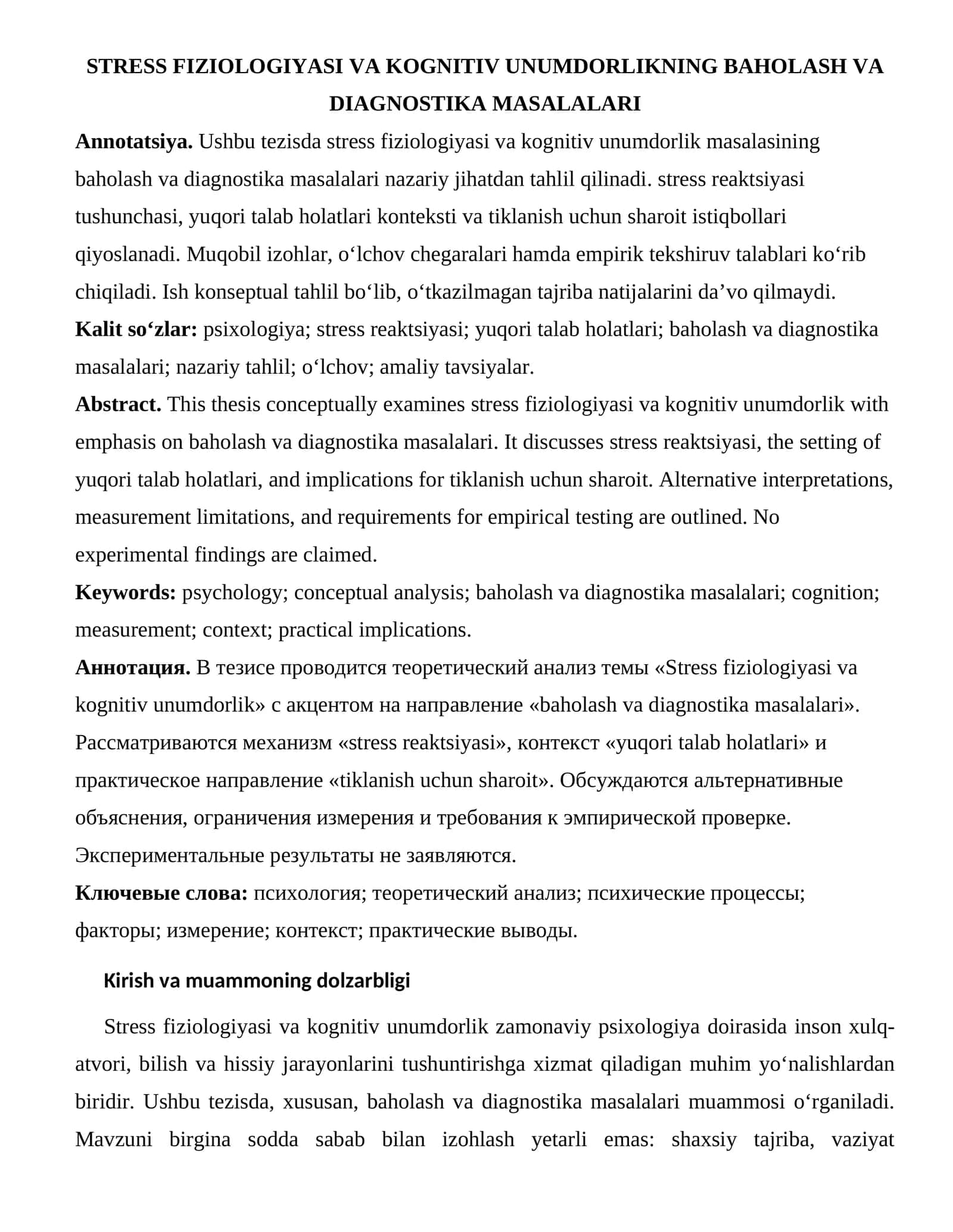 STRESS FIZIOLOGIYASI VA KOGNITIV UNUMDORLIKNING BAHOLASH VA DIAGNOSTIKA MASALALARI
