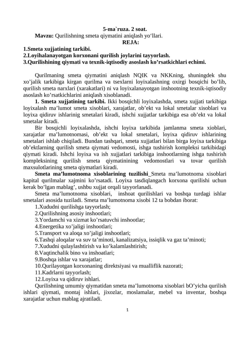 Qurilishning smeta qiymatini aniqlash yo‘llari