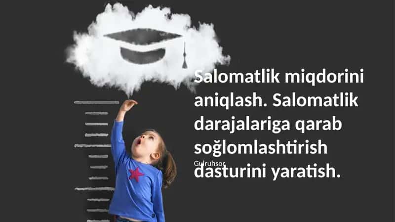 Salomatlik darajalariga qarab soğlomlashtirish dasturini yaratish. Dastur maqsadlari va vazifalari oʻrtasida turmush tarzini tashkil etish 1