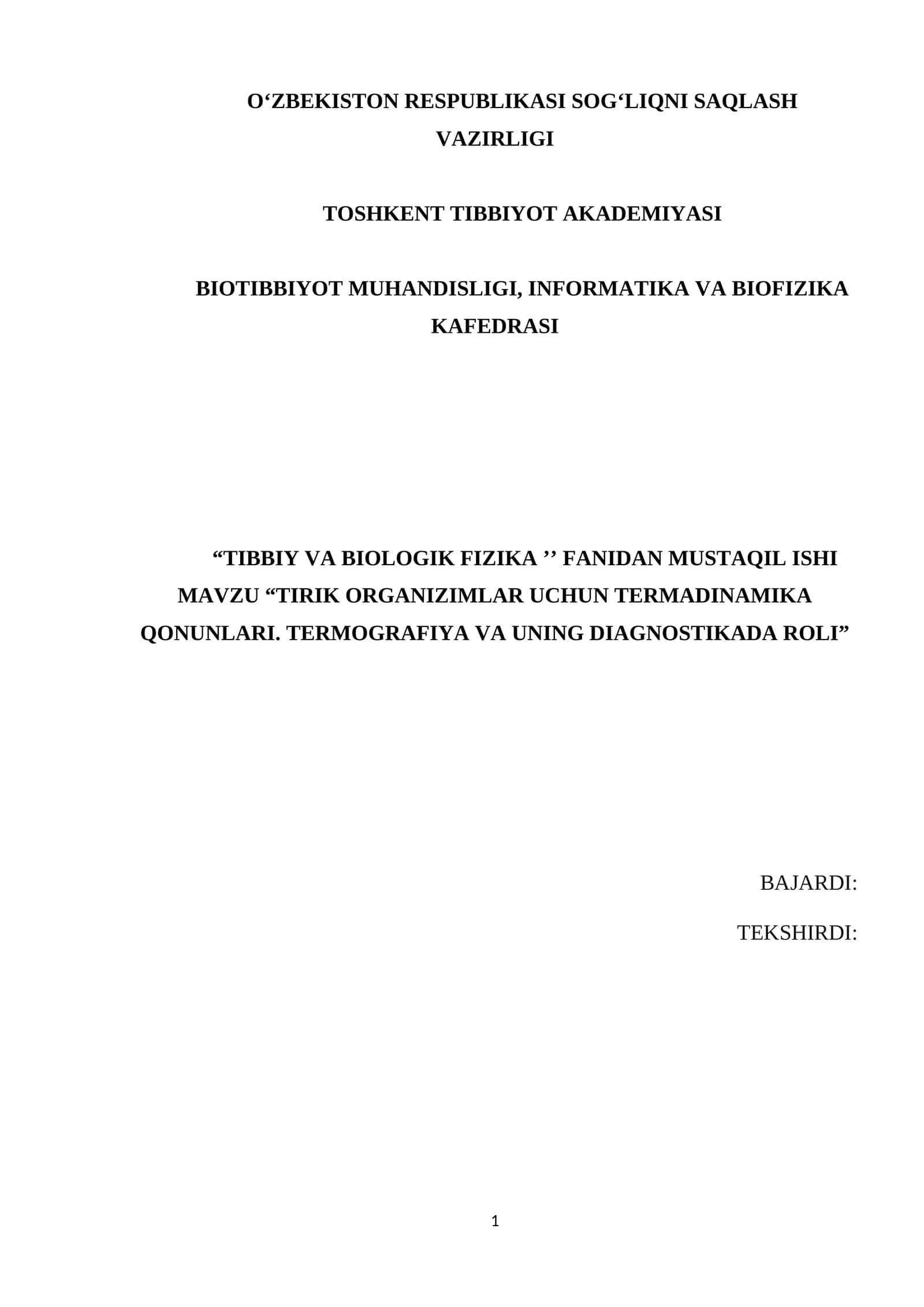 TIRIK ORGANIZIMLAR UCHUN TERMADINAMIKA QONUNLARI