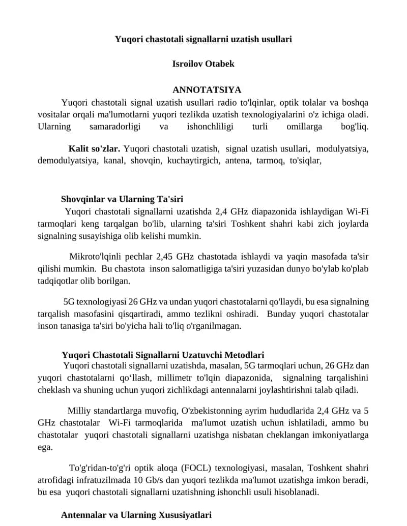 Yuqori chastotali signallarni uzatish usullari