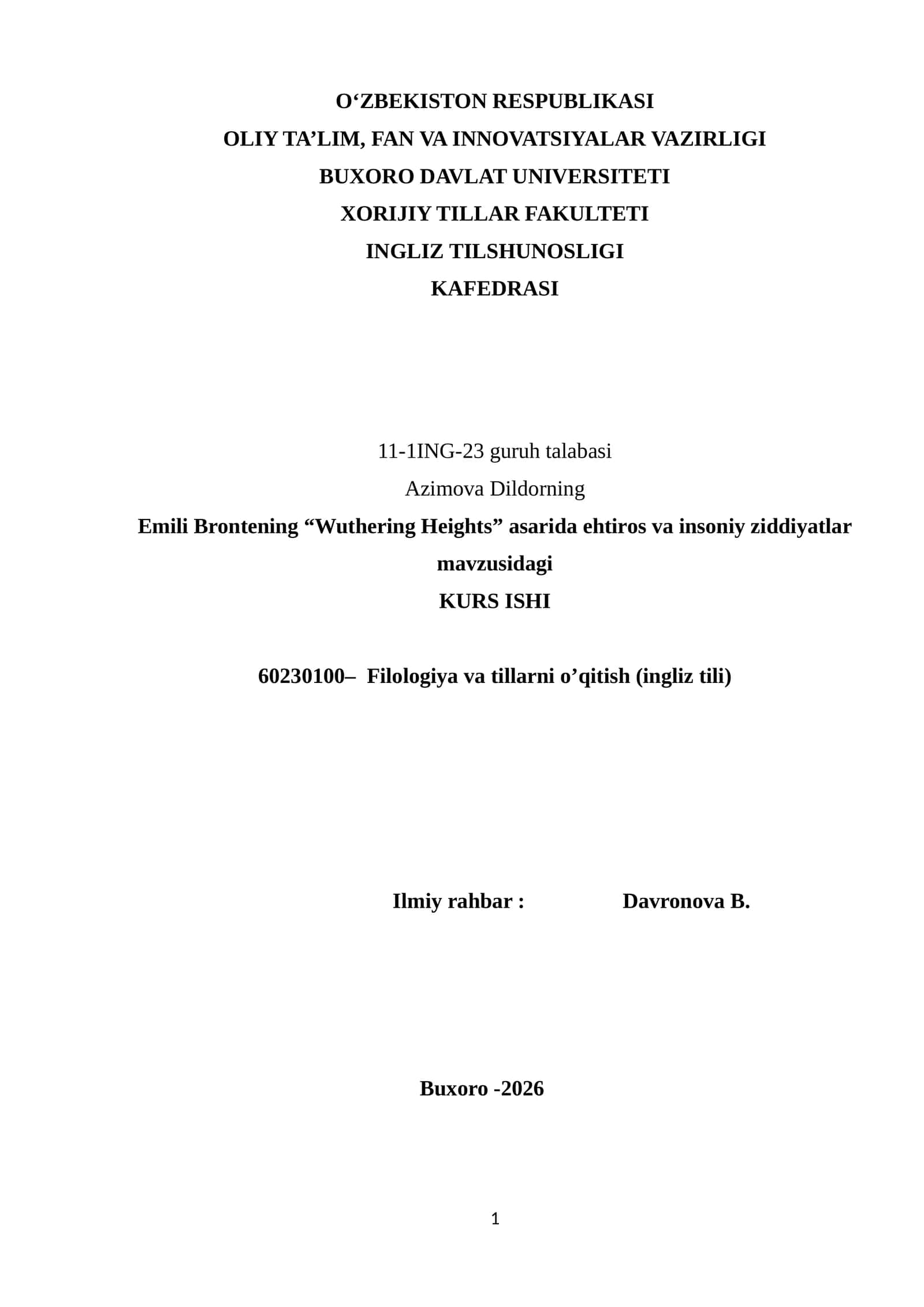 Emili Brontening “Wuthering Heights” asarida ehtiros va insoniy ziddiyatlar mavzusidagi KURS ISHI