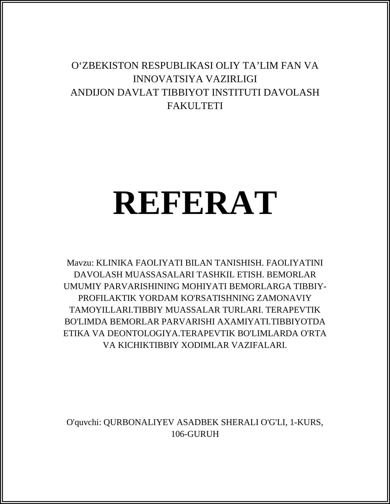 KLINIKA FAOLIYATI BILAN TANISHISH