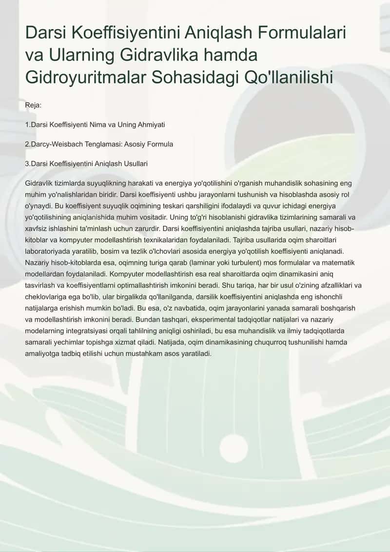 Darsi Koeffisiyentini Aniqlash Formulalari va Ularning Gidravlika hamda Gidroyuritmalar Sohasidagi Qo'llanilishi