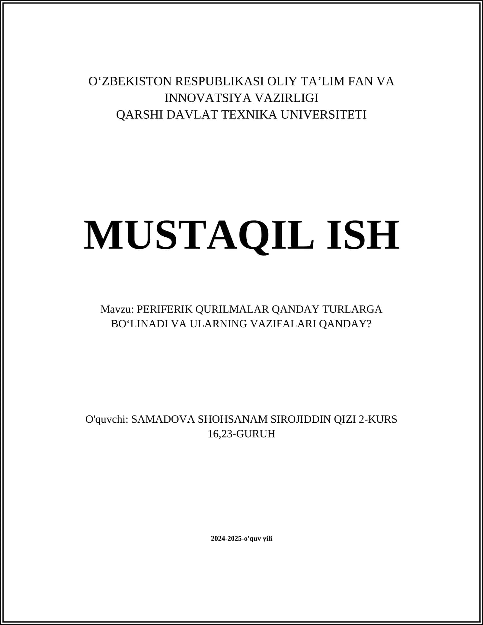 PERIFERIK QURILMALAR QANDAY TURLARGA BOʻLINADI VA ULARNING VAZIFALARI QANDAY?