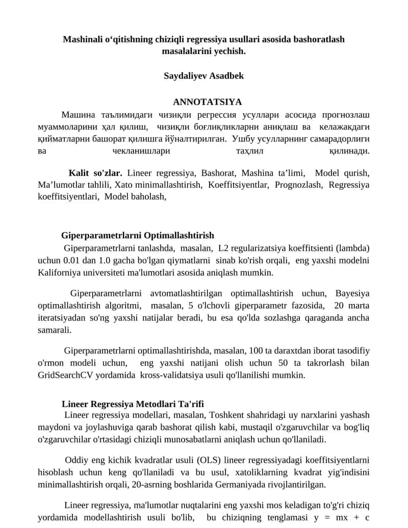 Mashinali o‘qitishning chiziqli regressiya usullari