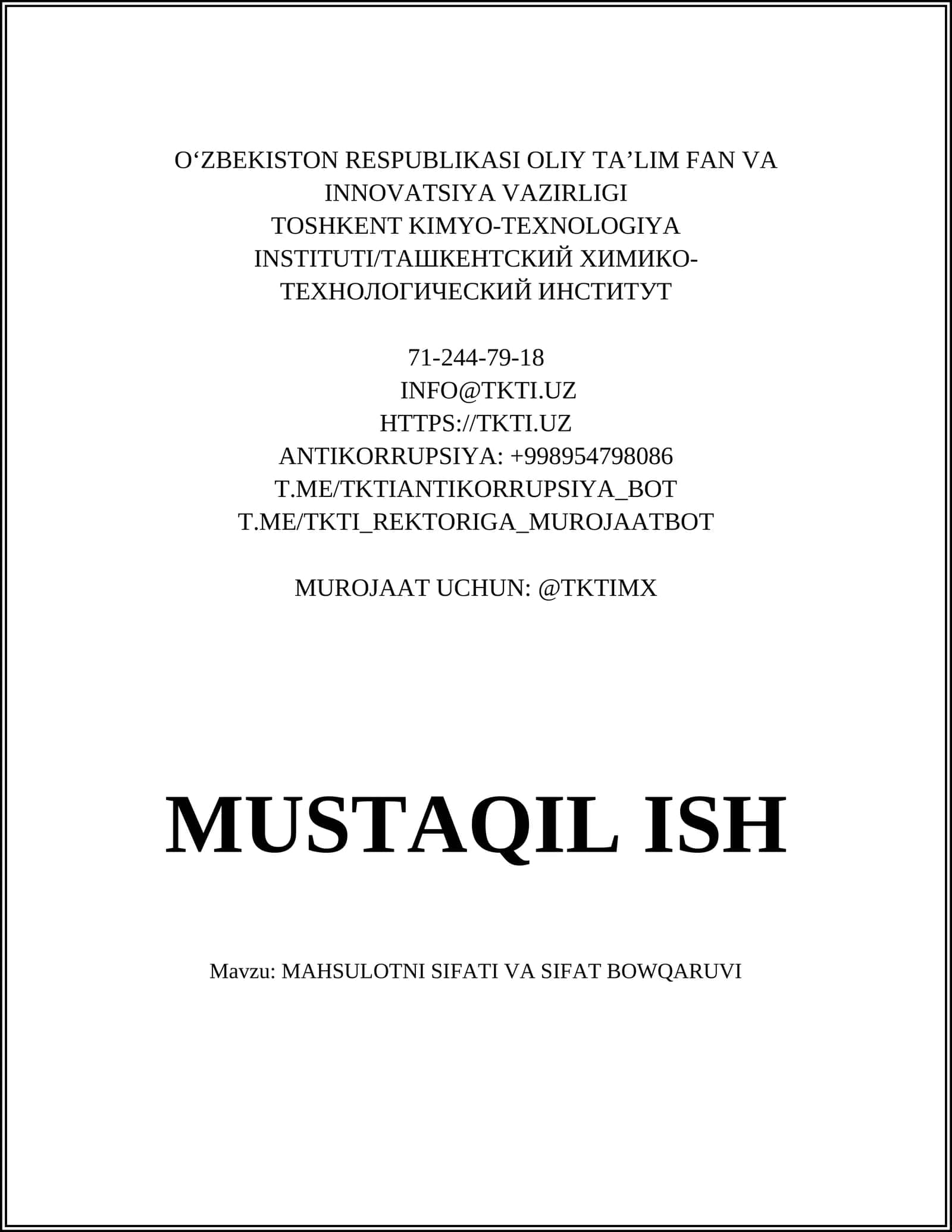 MAHSULOTNI SIFATI VA SIFAT BOWQARUVI