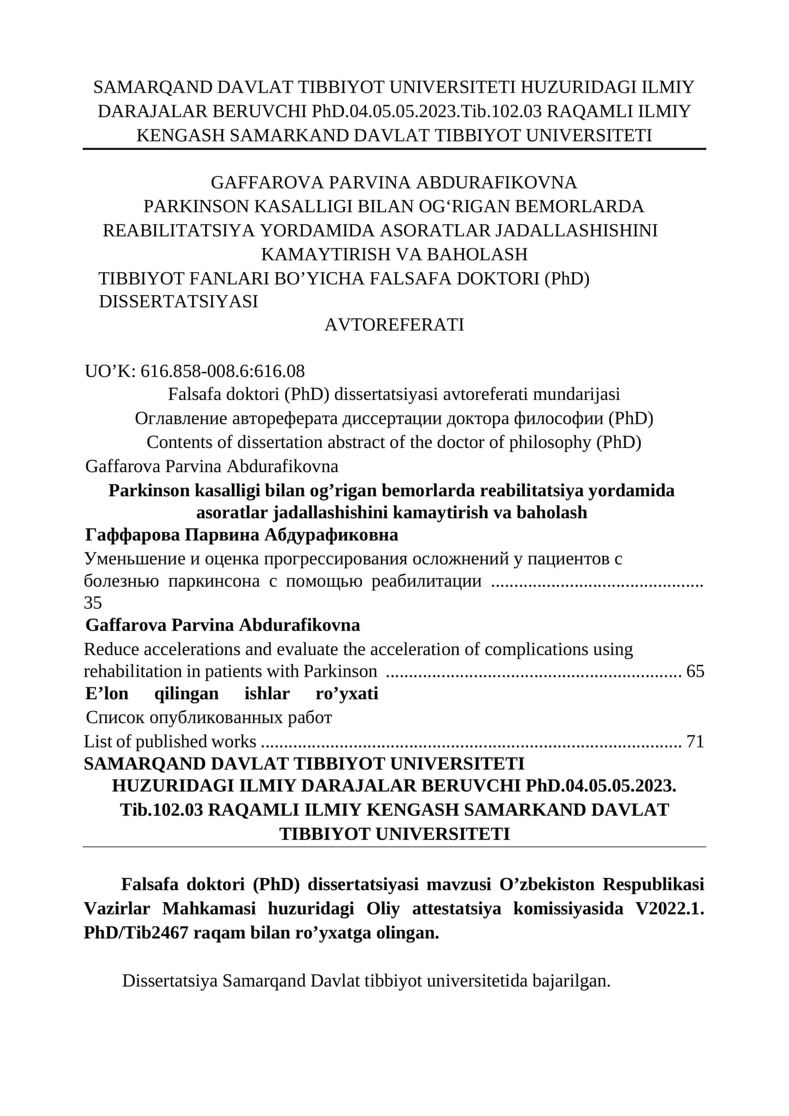 PARKINSON KASALLIGI BILAN OGʻRIGAN BEMORLARDA