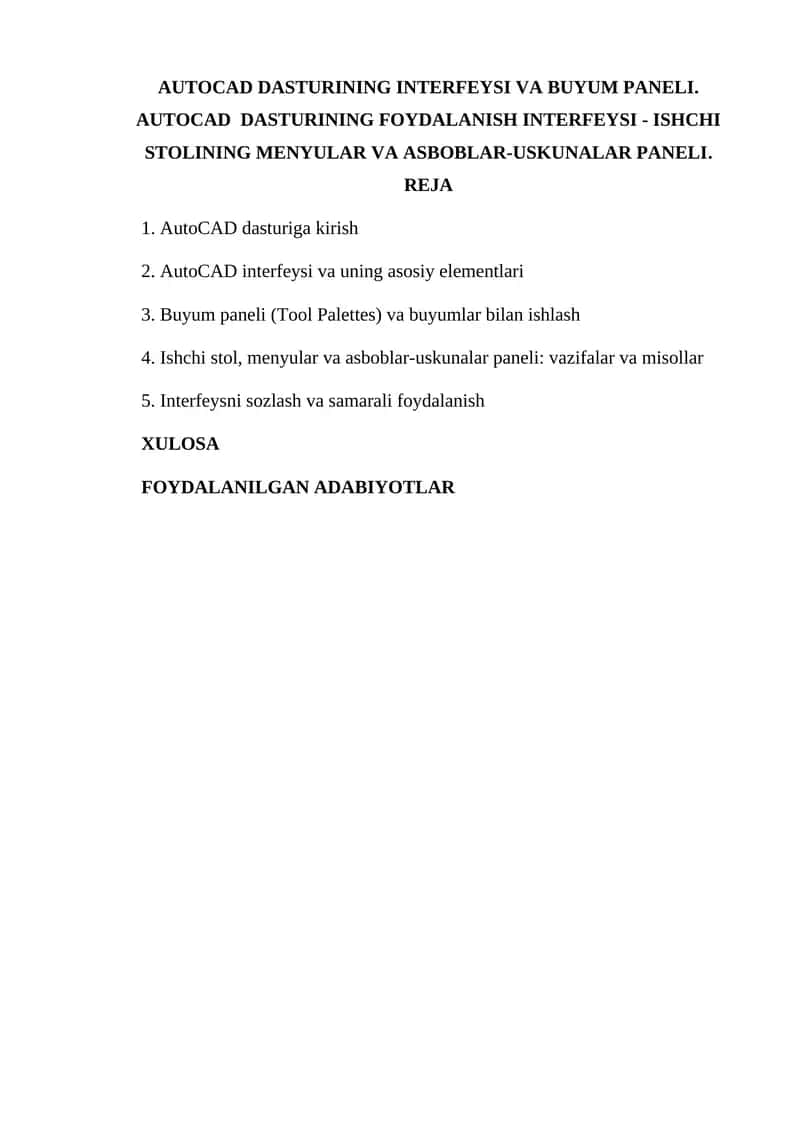 AutoCAD Dasturining Interfeysi va Buyum Paneli