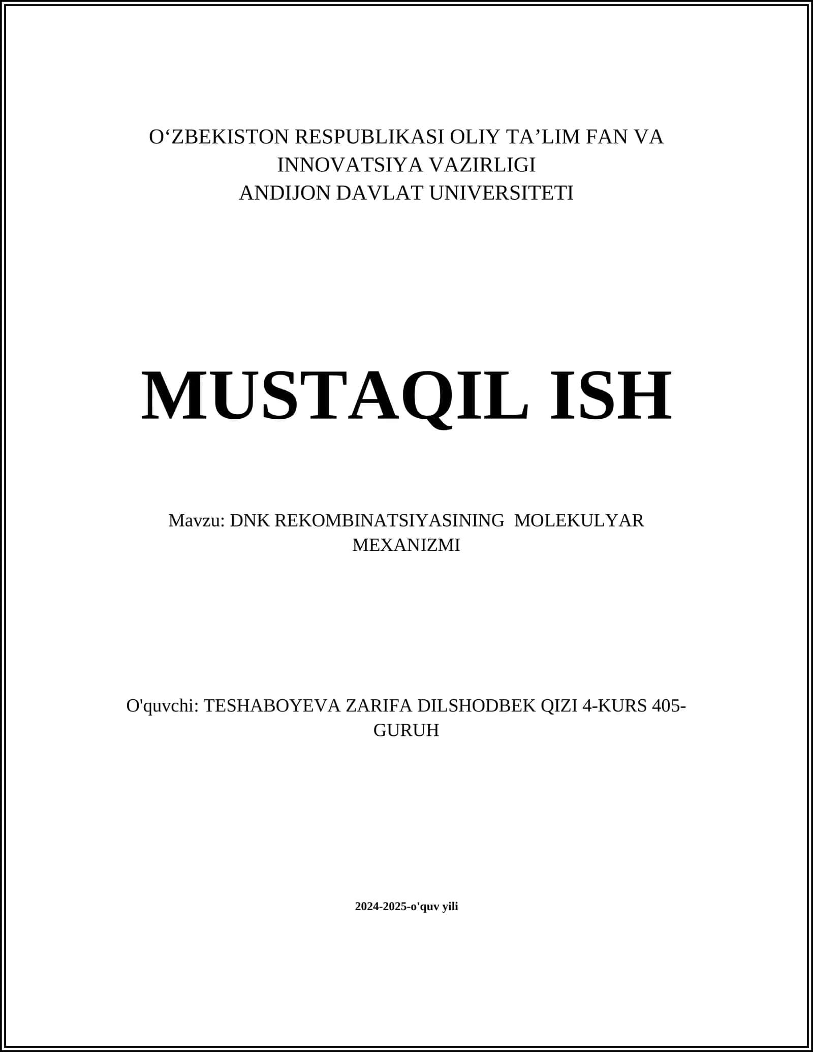 DNK REKOMBINATSIYASINING MOLEKULYAR MEXANIZMI