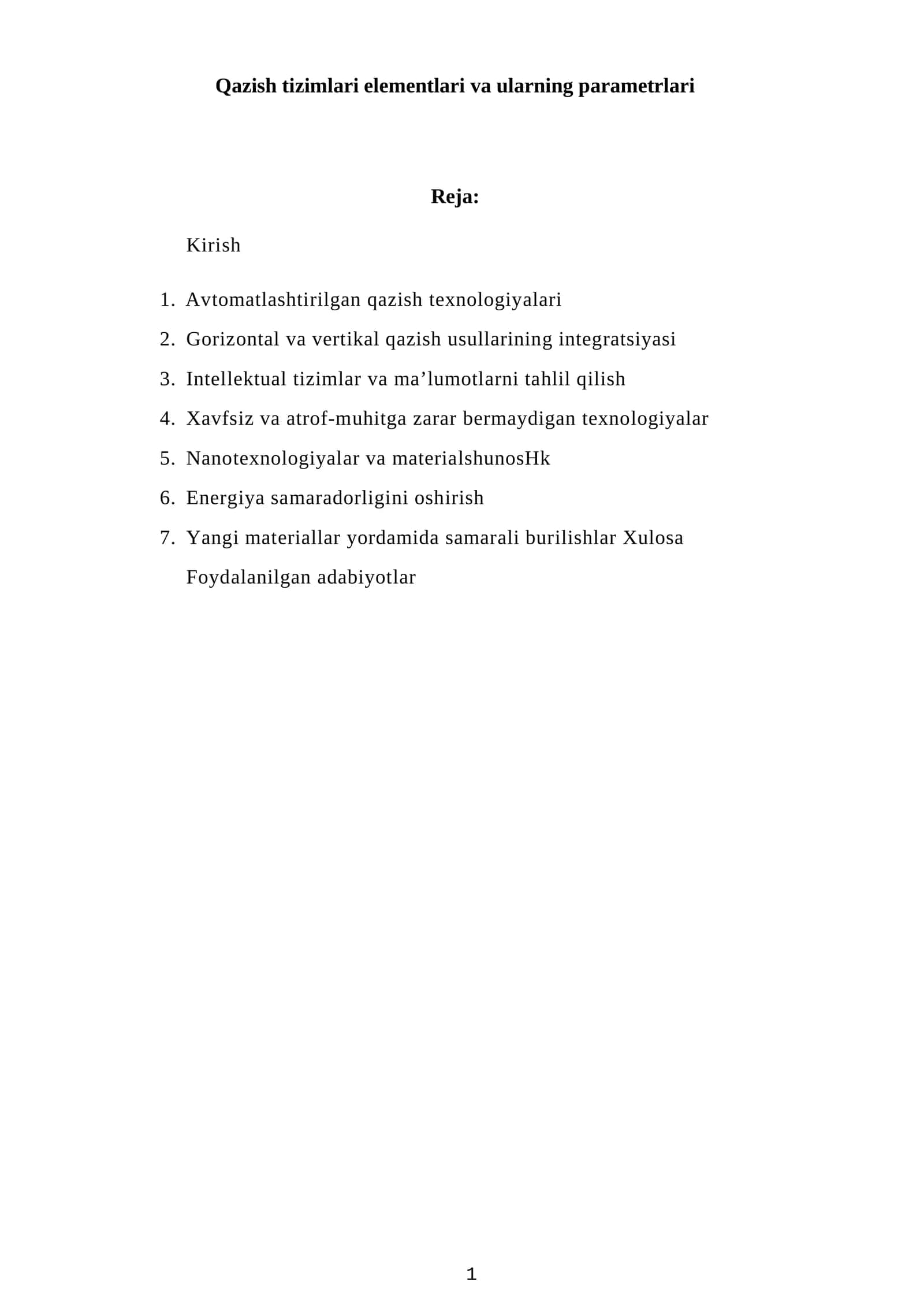 Qazish tizimlari elementlari va ularning parametrlari
