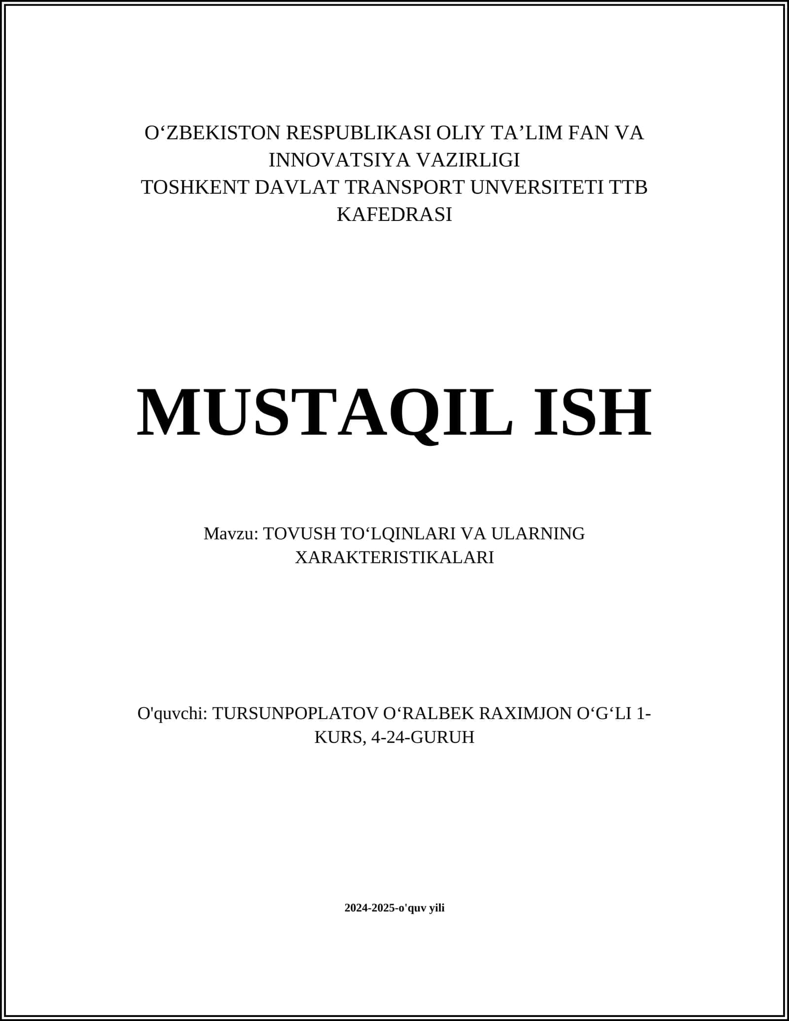 TOVUSH TO‘LQINLARI VA ULARNING XARAKTERISTIKALARI