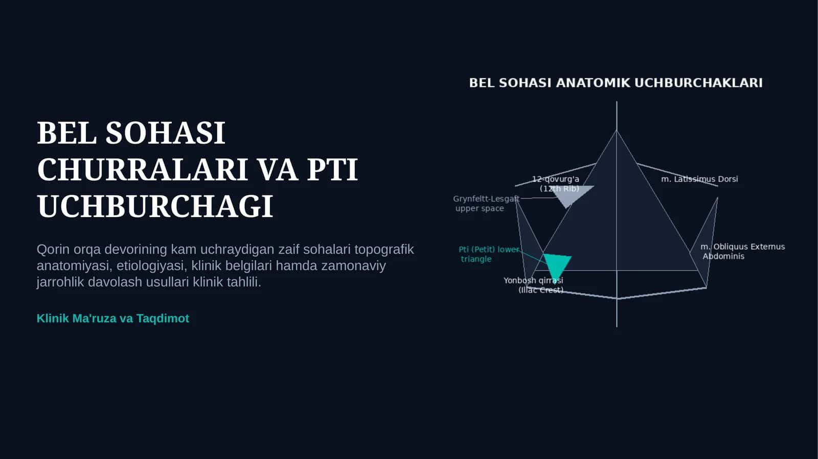 PTI UCHBURCHAGI VA BEL SOHASI CHURRALARI — ANATOMIYASI, TASHXISI VA DAVOLASH | 15 SLAYDLI TAQDIMOT