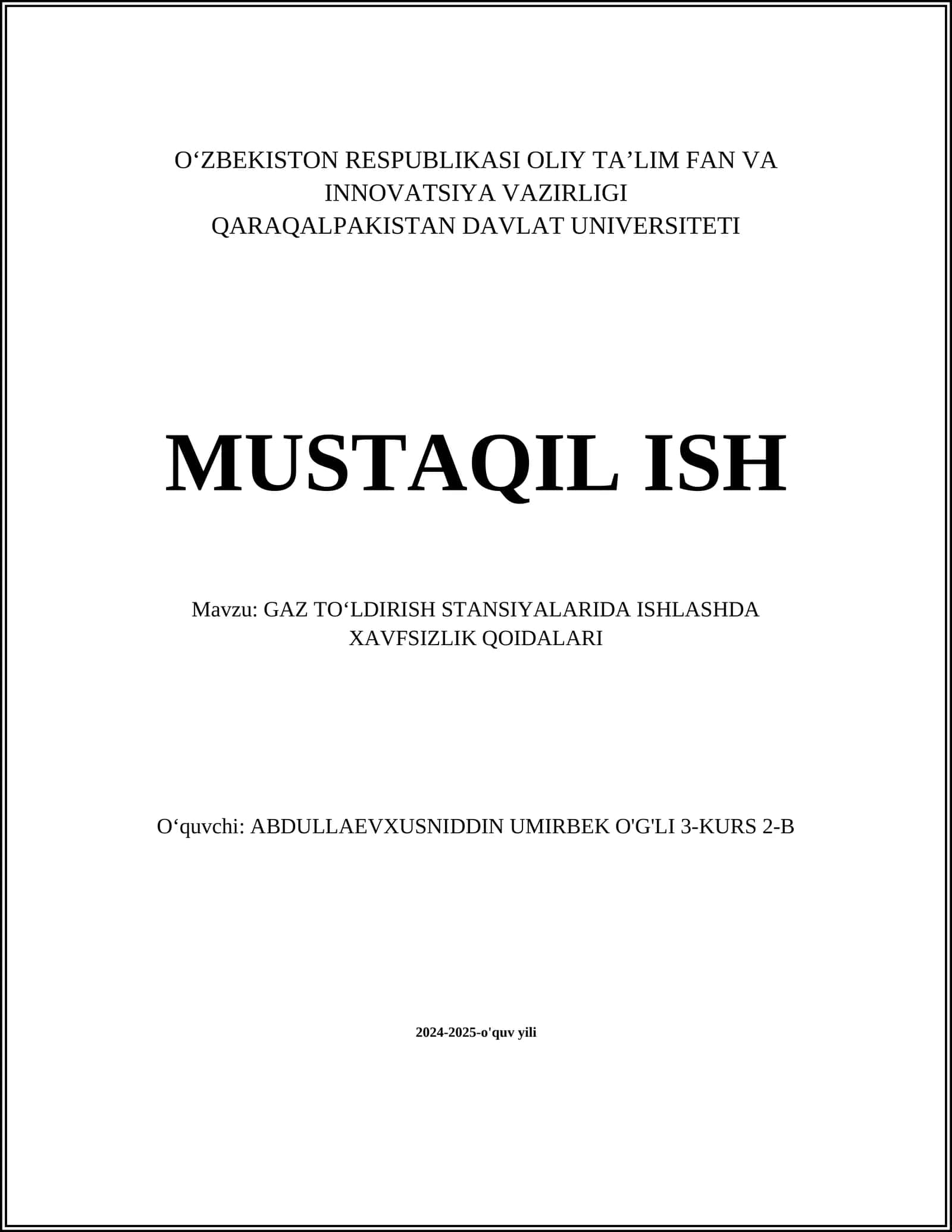 GAZ TO‘LDIRISH STANSIYALARIDA ISHLASHDA XAVFSIZLIK QOIDALARI