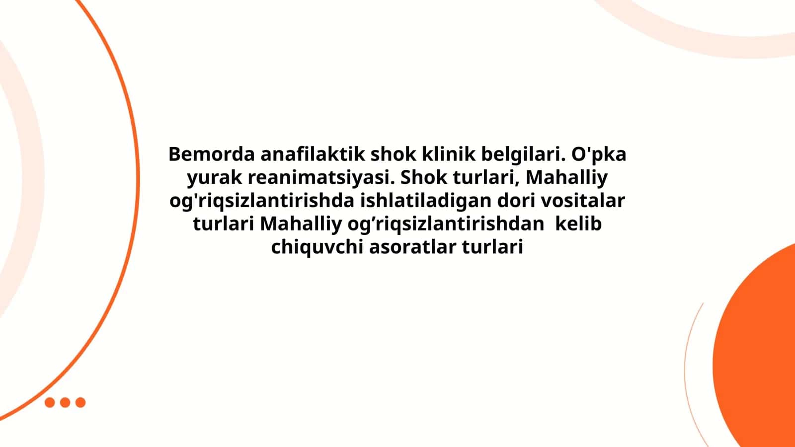 Bemorda anafilaktik shok klinik belgilari. O'pka yurak reanimatsiyasi. Shok turlari, Mahalliy og'riqsizlantirishda ishlatiladigan dori vositalar turlari Mahalliy og’riqsizlantirishdan kelib chiquvchi asoratlar turlari
