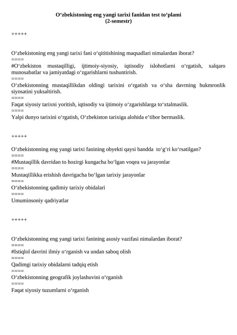O‘zbekistoning eng yangi tarixi fanidan test to‘plami