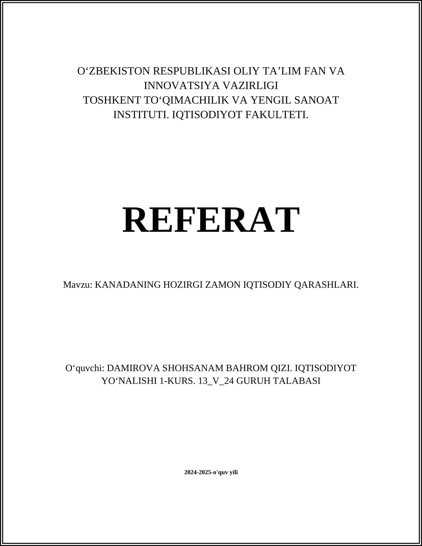 KANADA IQTISODIY QARASHLARI