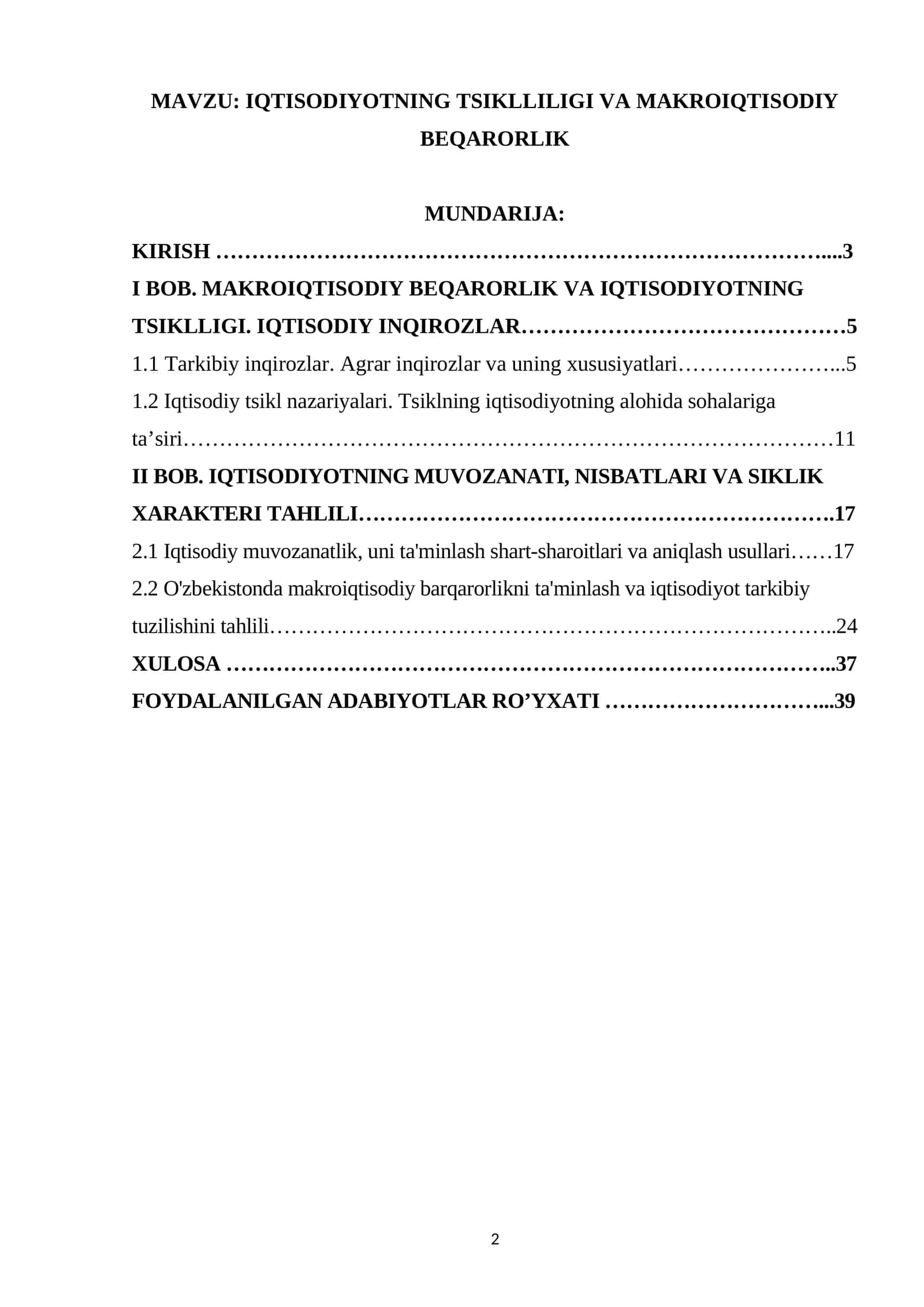 Iqtisodiyotning siklliligi va makroiqtisodiy beqarorlik