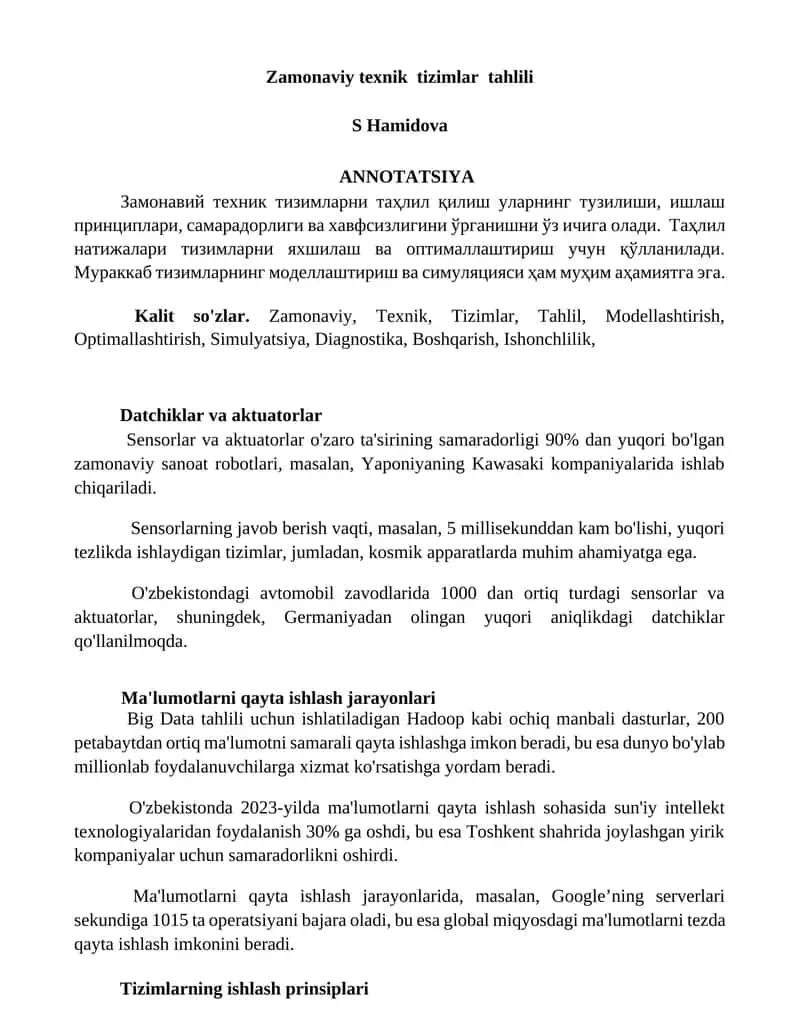 Zamonaviy texnik tizimlar tahlili