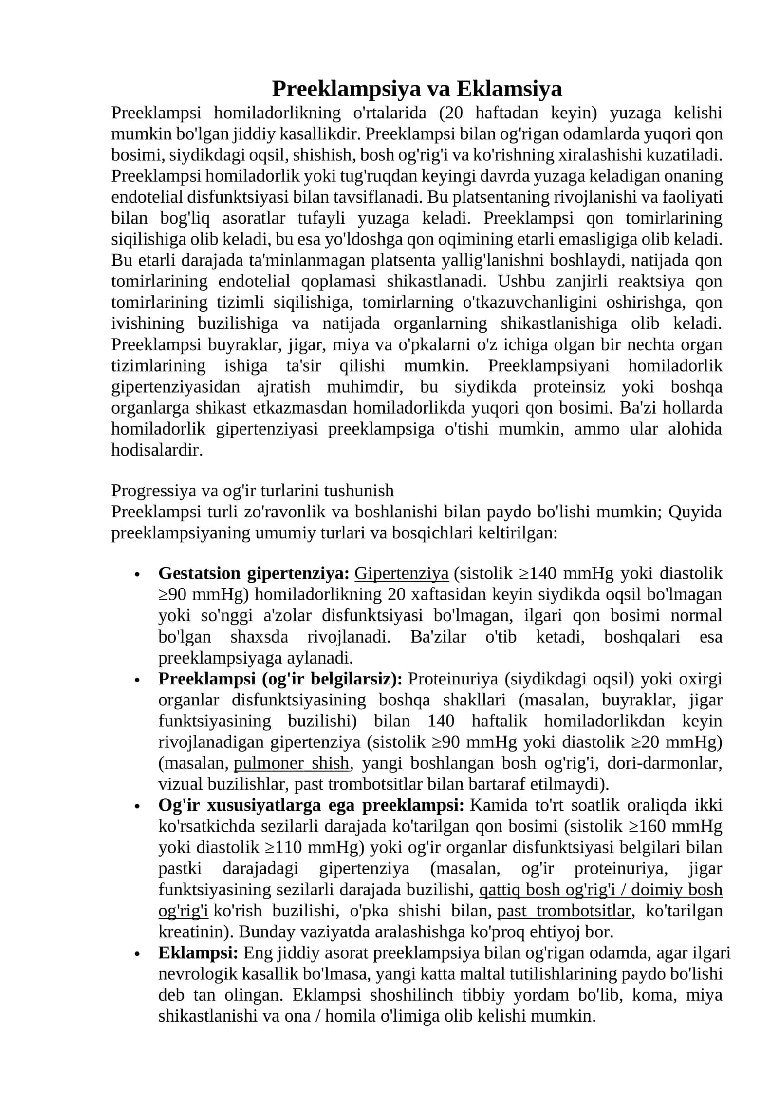 Preeklampsiya va Eklamsiya