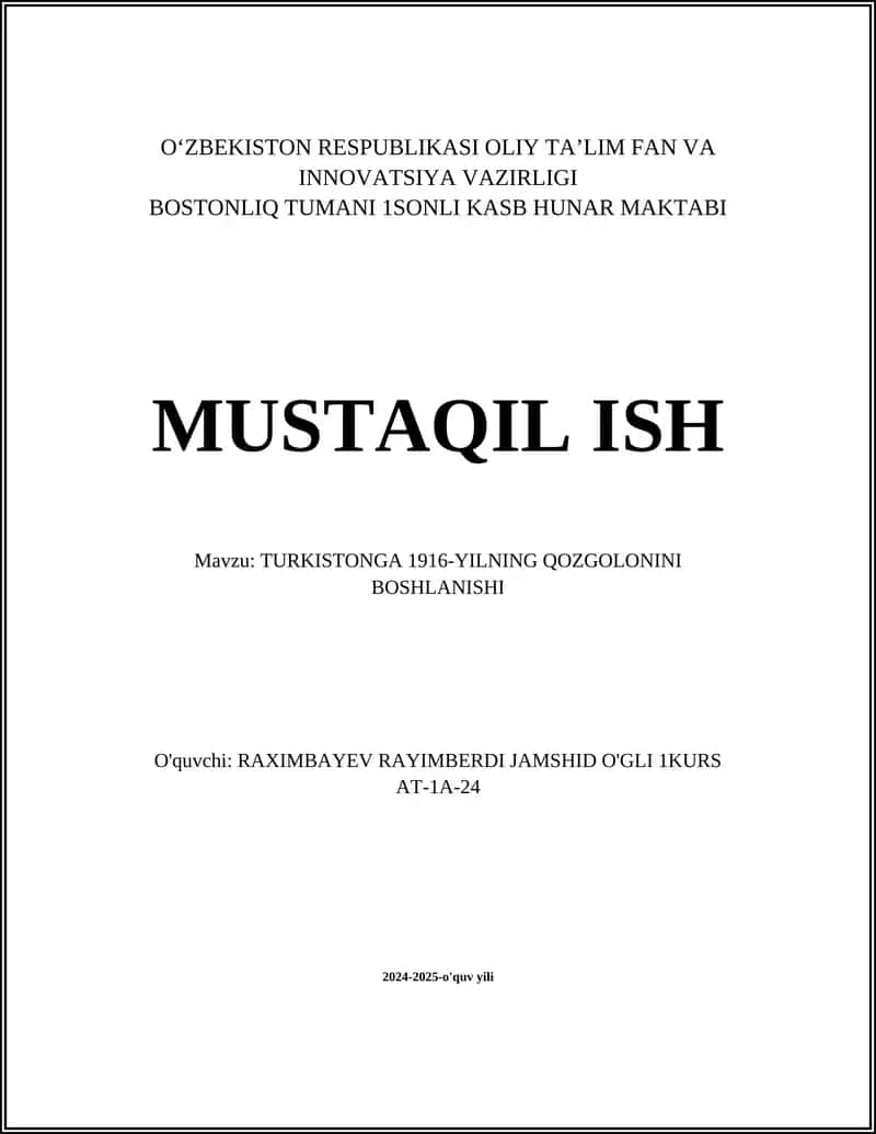 TURKISTONGA 1916-YILNING QOZGOLONINI BOSHLANISHI