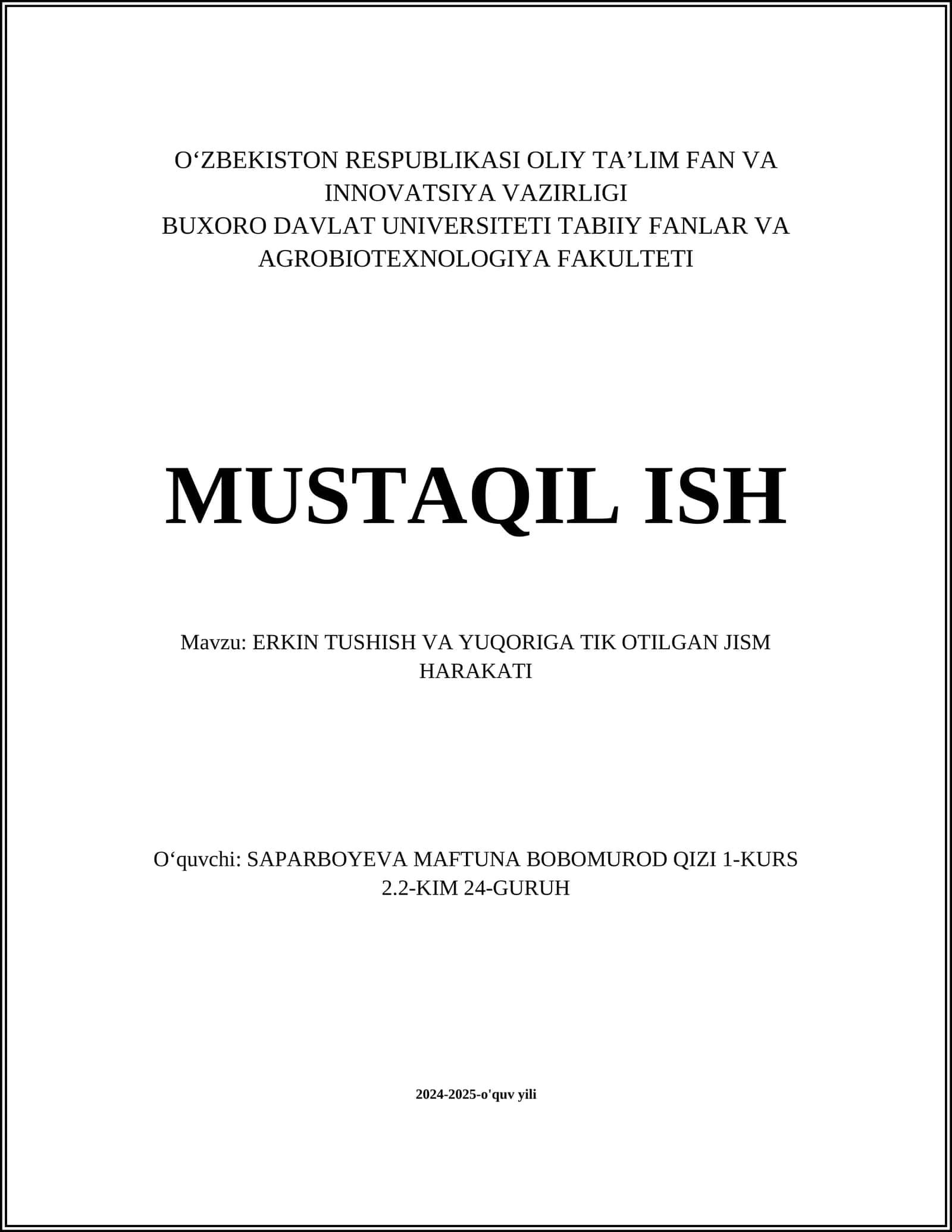 ERKIN TUSHISH VA YUQORIGA TIK OTILGAN JISM HARAKATI