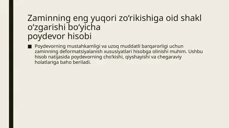 Zaminning eng yuqori zo‘rikishiga oid shakl o‘zgarishi bo‘yicha poydevor hisobi