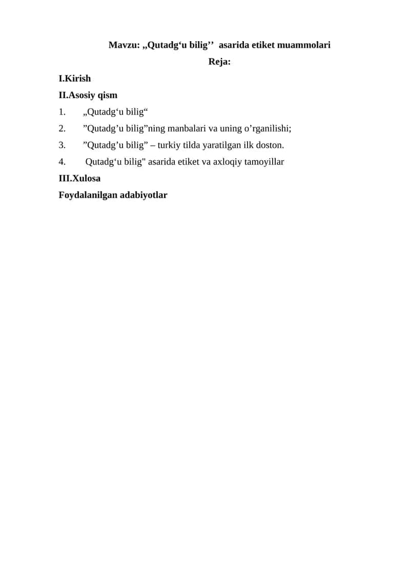 Qutadgʻu biligʼʼ asarida etiket muammolari