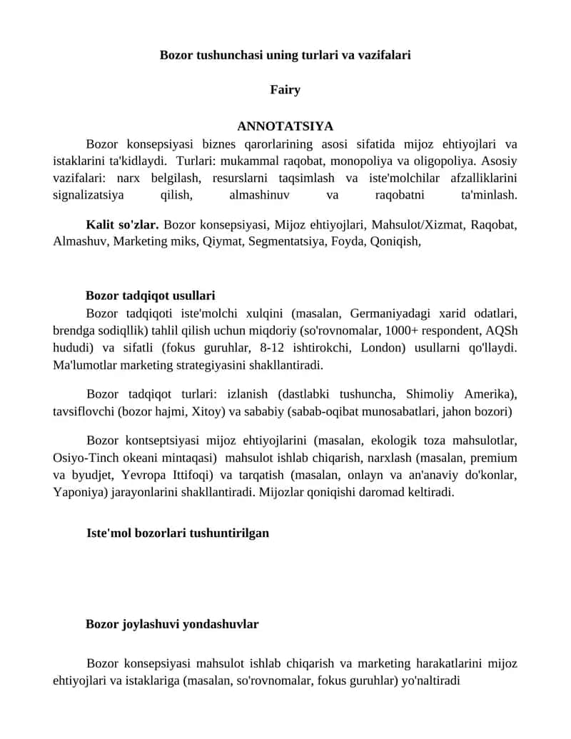 Bozor tushunchasi uning turlari va vazifalari
