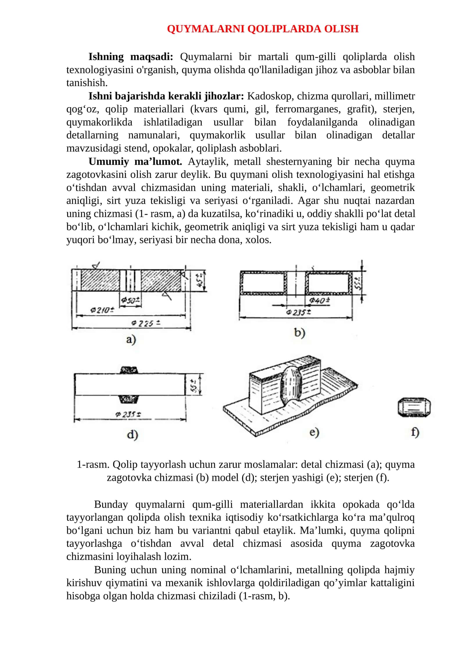 Quymalarni Qoliplarda Olish Texnologiyasi