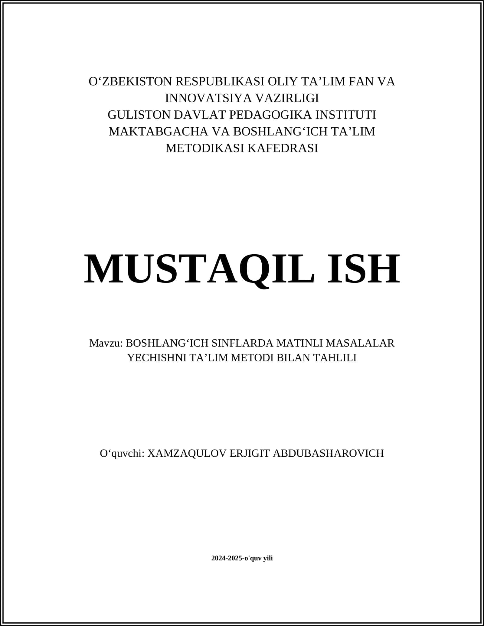 BOSHLANGʻICH SINFLARDA MATINLI MASALALAR YECHISHNI TAʼLIM METODI BILAN TAHLILI